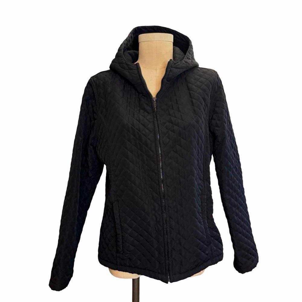 IZOD Womens XL Quilted Jacket Warm Hooded Zippered Pockets Black Heavy